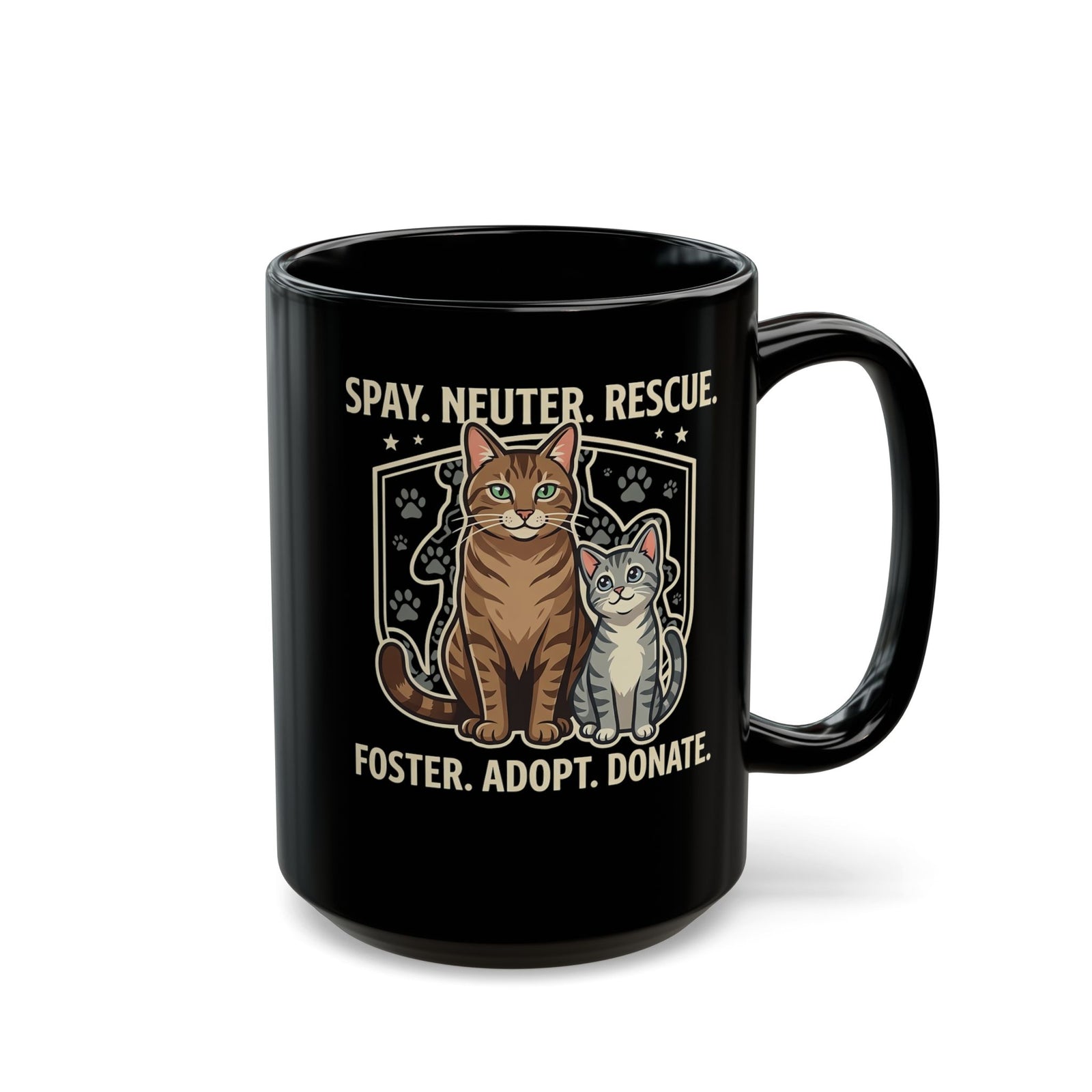 Cat Rescue Black Mug - "Spay. Neuter. Rescue. Foster. Adopt. Donate." Animal Shelter Support Mug
