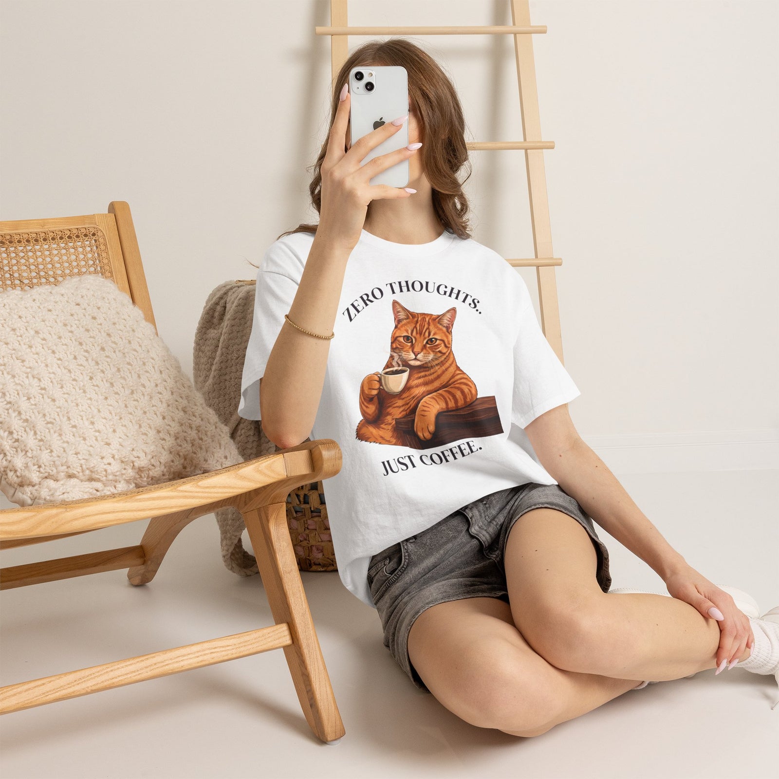 Zero Thoughts Just Coffee T-Shirt — Funny Orange Cat Morning Tee