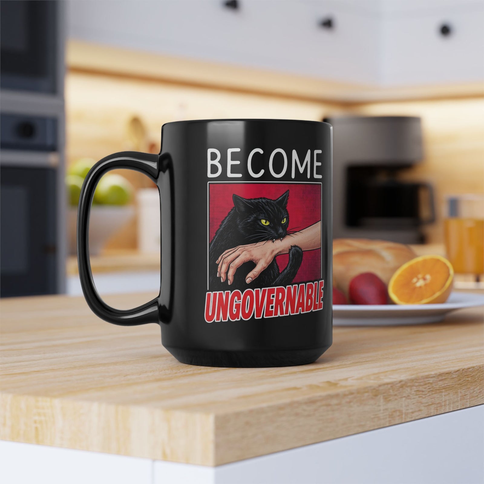 Become Ungovernable Black Cat Black Mug — Funny Rebel Feline Biting Arm Mug