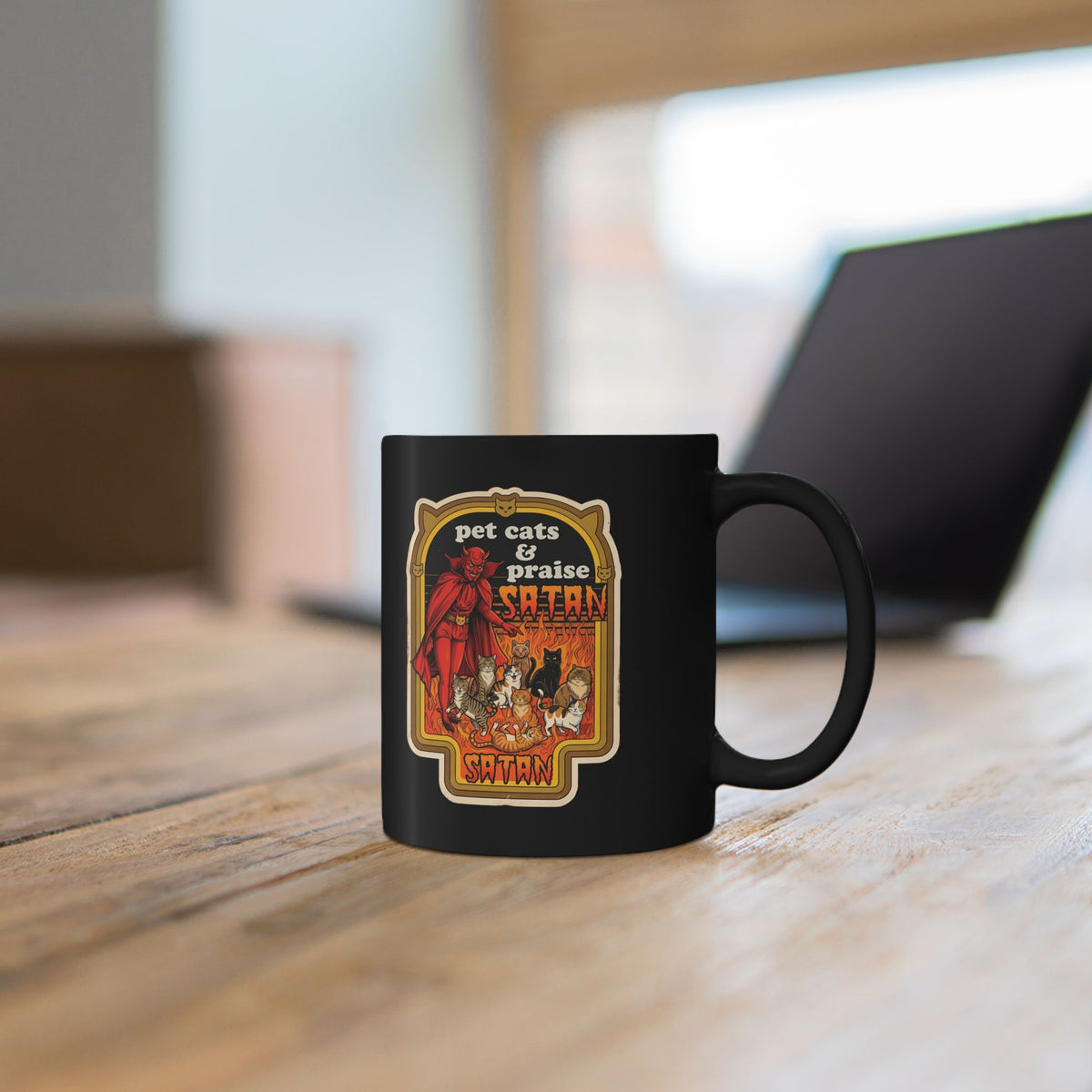 Pet Cats and Praise Satan Black Mug — Gothic Cat Lover Mug