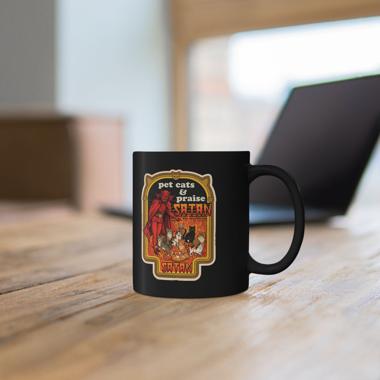 Pet Cats and Praise Satan Black Mug — Gothic Cat Lover Mug