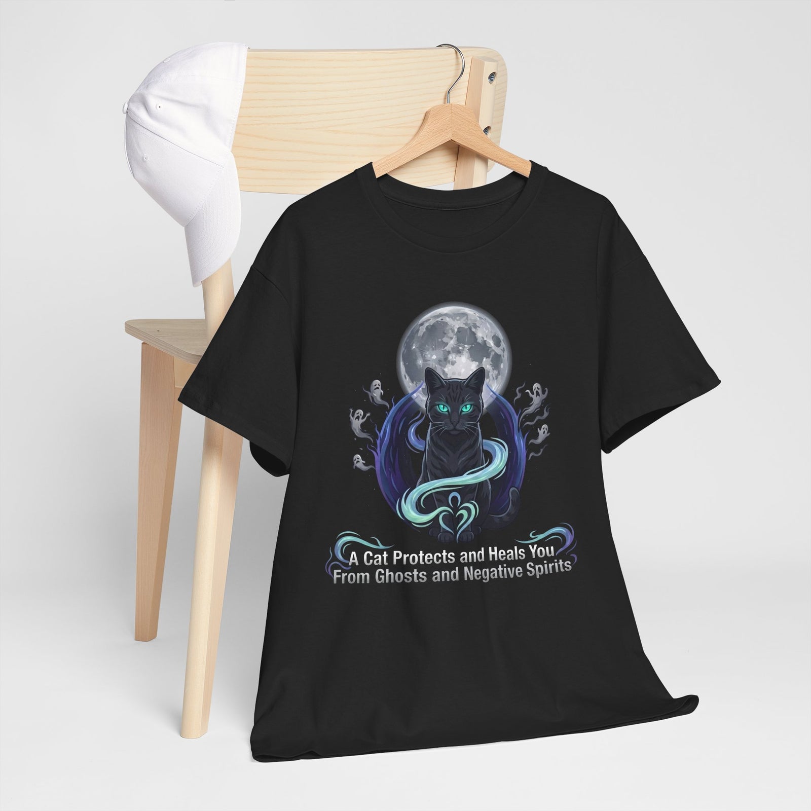Protective Cat Tee — "A Cat Protects and Heals You From Ghosts and Negative Spirits"
