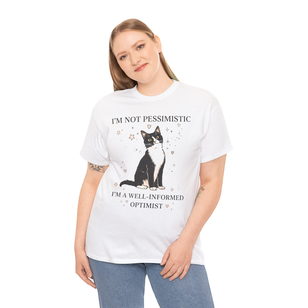 Well-Informed Optimist Tuxedo Cat T-Shirt — Funny Sarcastic Feline Graphic Tee