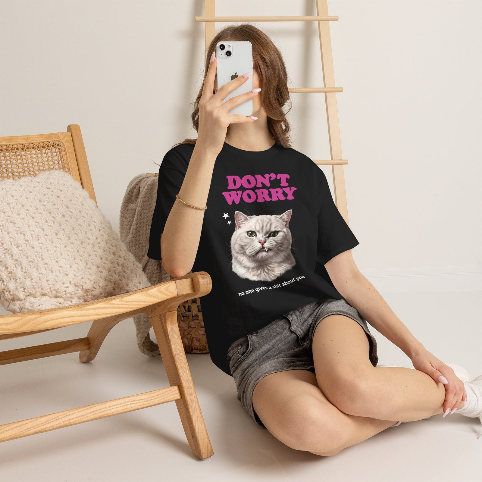 Don't Worry No One Gives A Shit About You T-Shirt — Funny Sarcastic White Cat Tee
