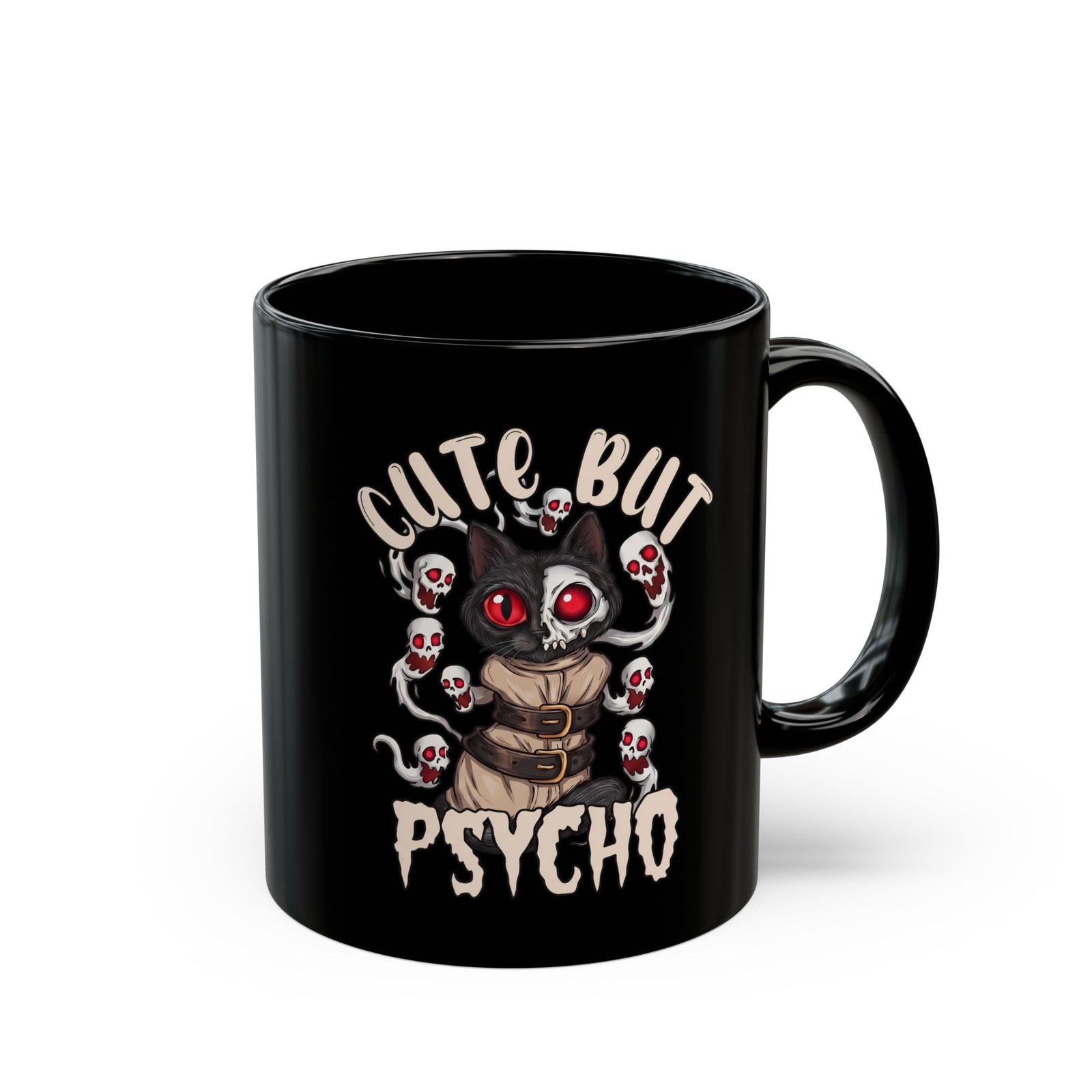 Cute But Psycho Black Mug — Funny Straightjacket Black Cat Horror Mug