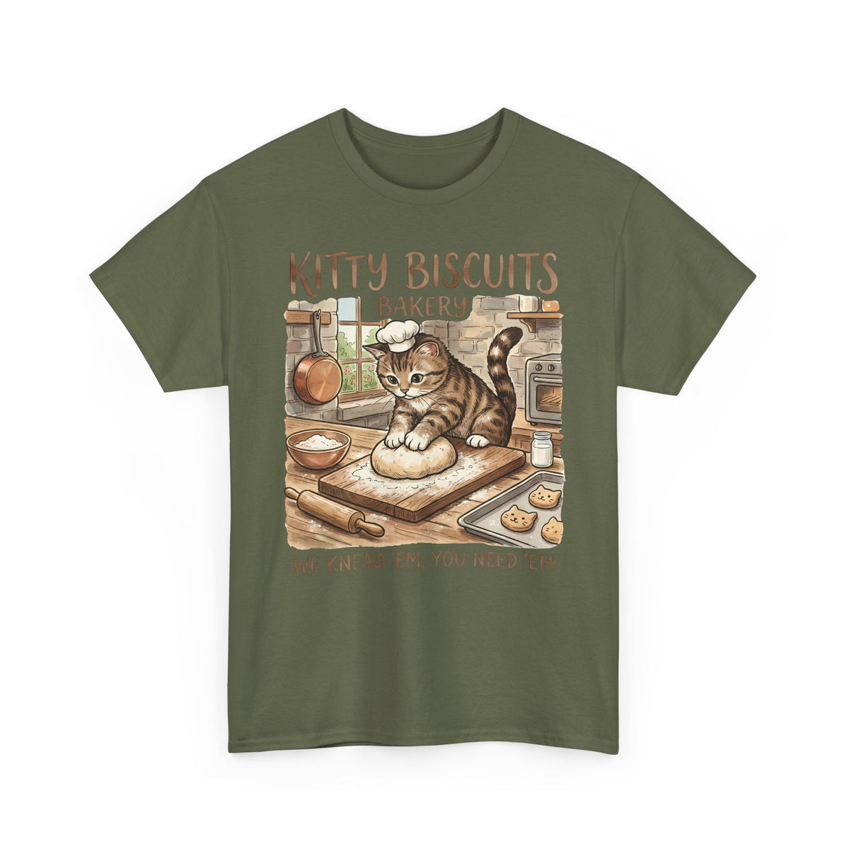 Kitty Biscuits Bakery T-Shirt — "We Knead 'Em We Need 'Em" Cat Bakery Tee