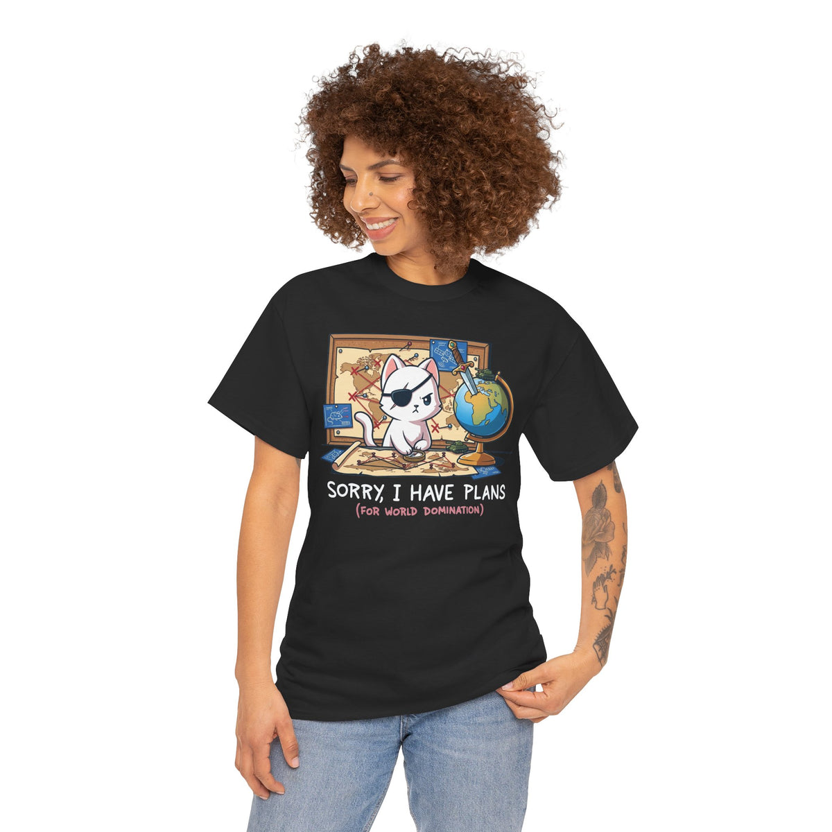 Travel Planner Cat T-Shirt — “Sorry I Have Plans (with World Domination)”