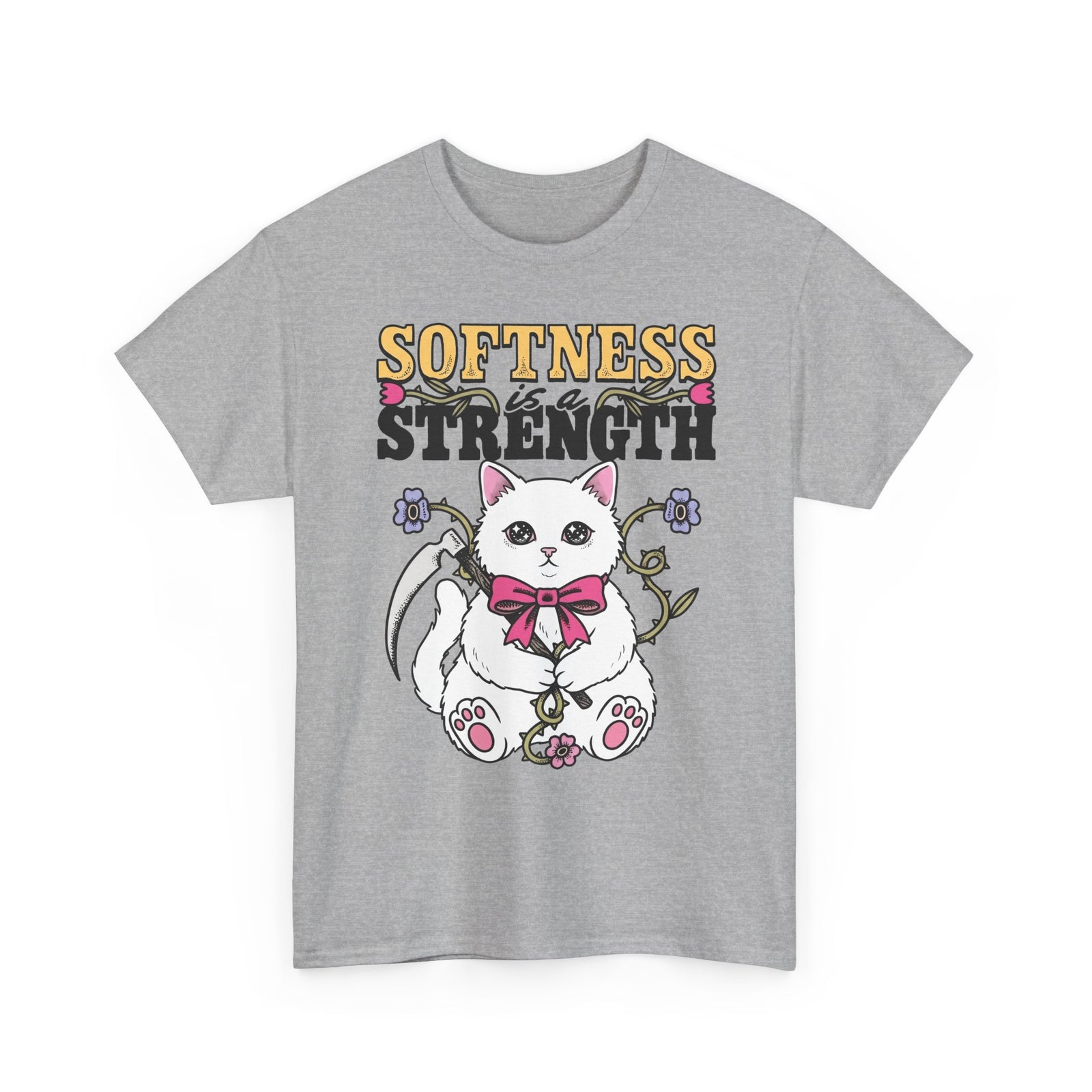 Softness Is A Strength T-Shirt — Funny Cute White Kitten Scythe Graphic Tee