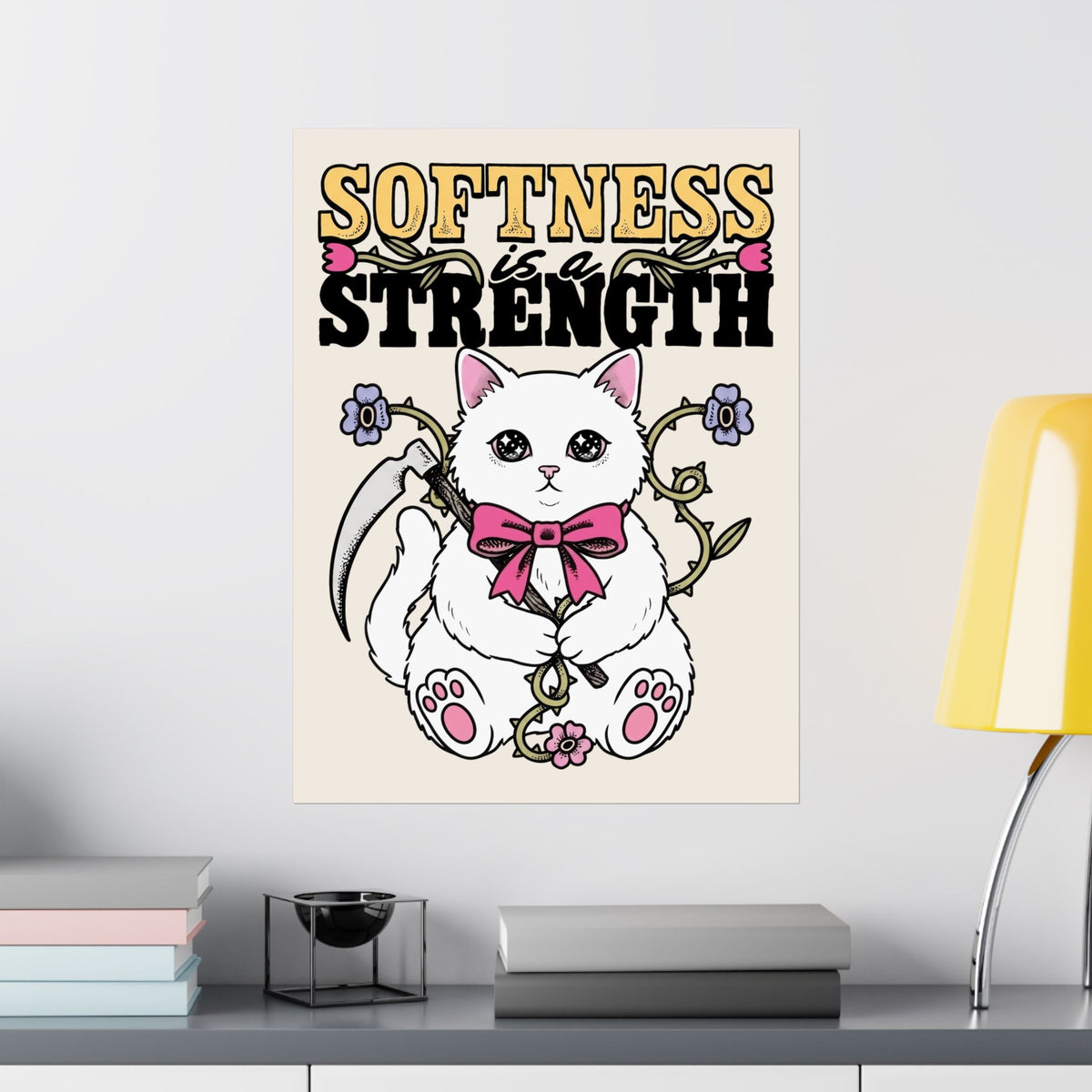Softness Is A Strength Poster — Funny Cute White Kitten Scythe Graphic Poster