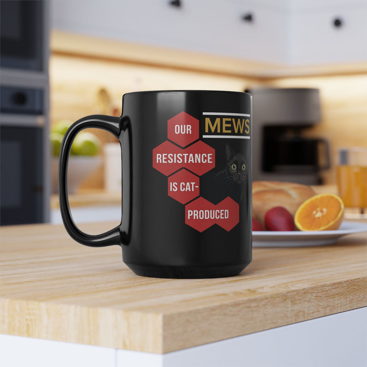Mews Resistance Is Cat-Produced Mug — Funny Cat Protest Graphic Black Mug