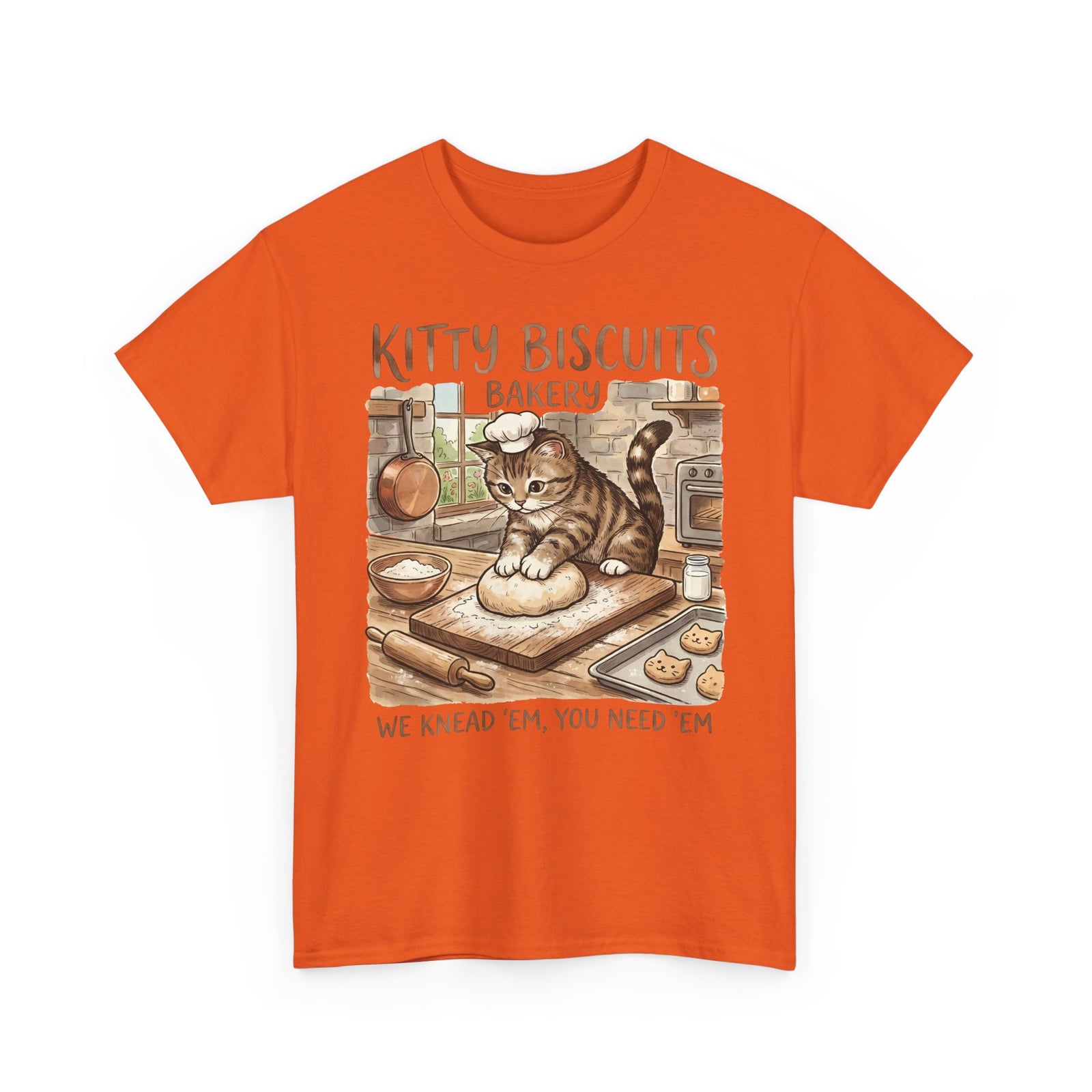 Kitty Biscuits Bakery T-Shirt — "We Knead 'Em We Need 'Em" Cat Bakery Tee