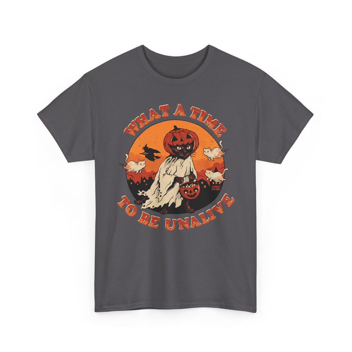What A Time To Be Unalive Black Cat Ghost Sheet Shirt — Retro Halloween T-Shirt