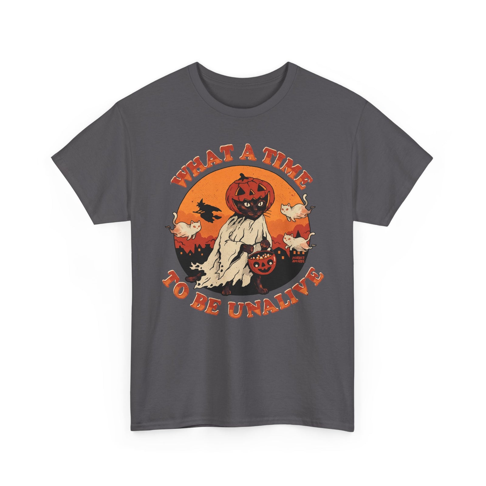 What A Time To Be Unalive Black Cat Ghost Sheet Shirt — Retro Halloween T-Shirt