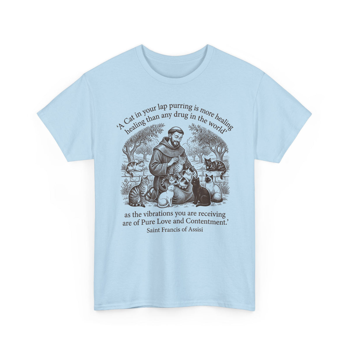 Saint Francis Vintage Graphic Tee — "A Cat in Your Lap Purring" Spiritual Animal Lover Shirt