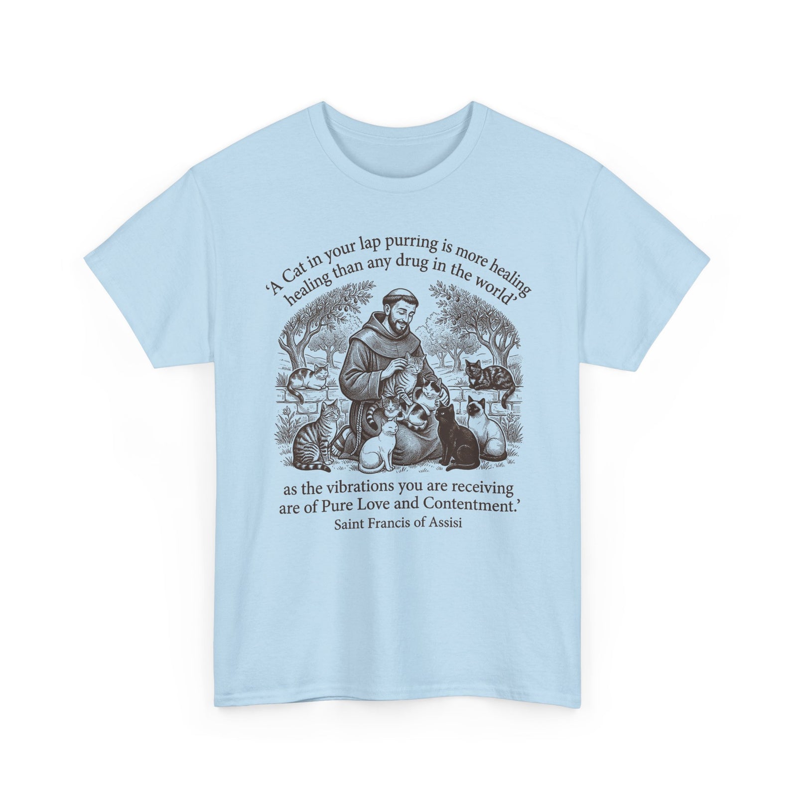 Saint Francis Vintage Graphic Tee — "A Cat in Your Lap Purring" Spiritual Animal Lover Shirt
