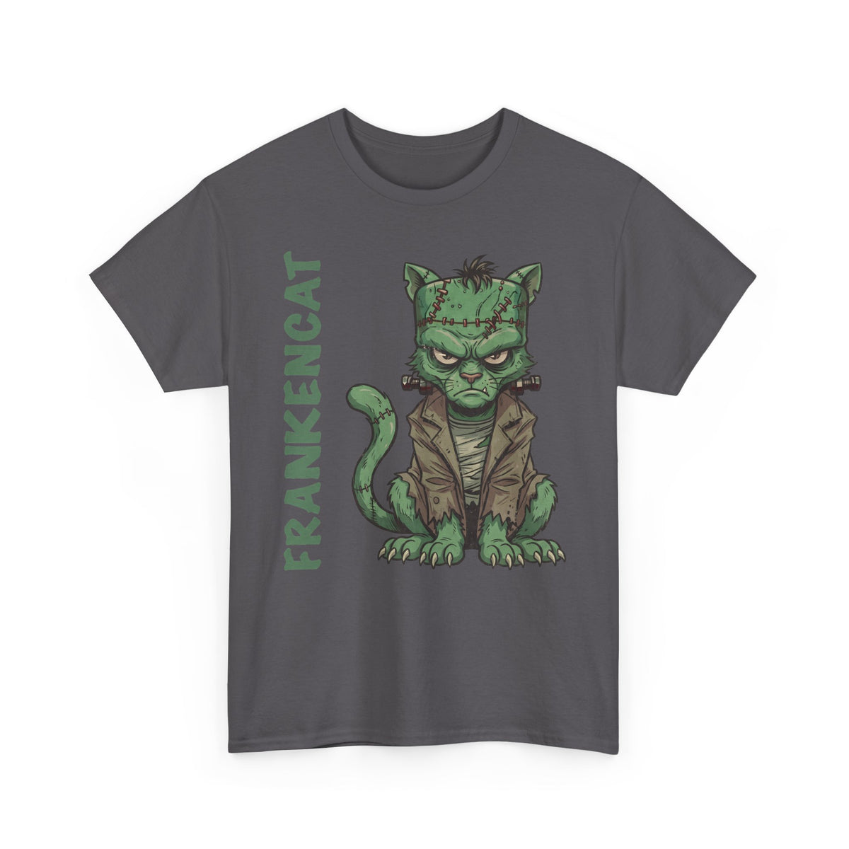 Funny Frankencat Halloween T-Shirt — Green Monster Cat Graphic Apparel