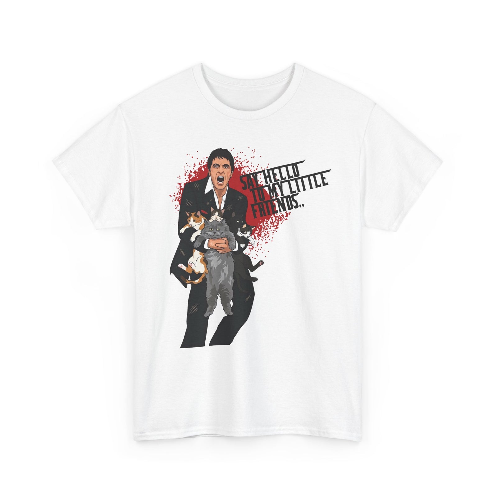 Say Hello To My Little Friends T-Shirt Funny Gangster Holding Cats Graphic Tee