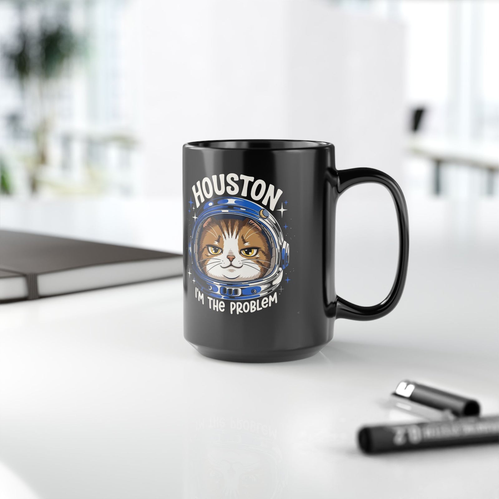 Houston I'm the Problem Space Cat Black Mug