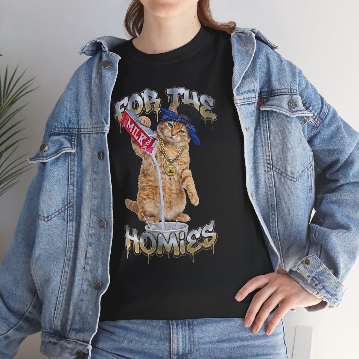 For The Homies Cat T-Shirt Funny Gangster Cat Graphic Tee, Milk Pouring Cat Shirt, Street Style Cat Lover Gift, Unisex Cotton T-Shirt
