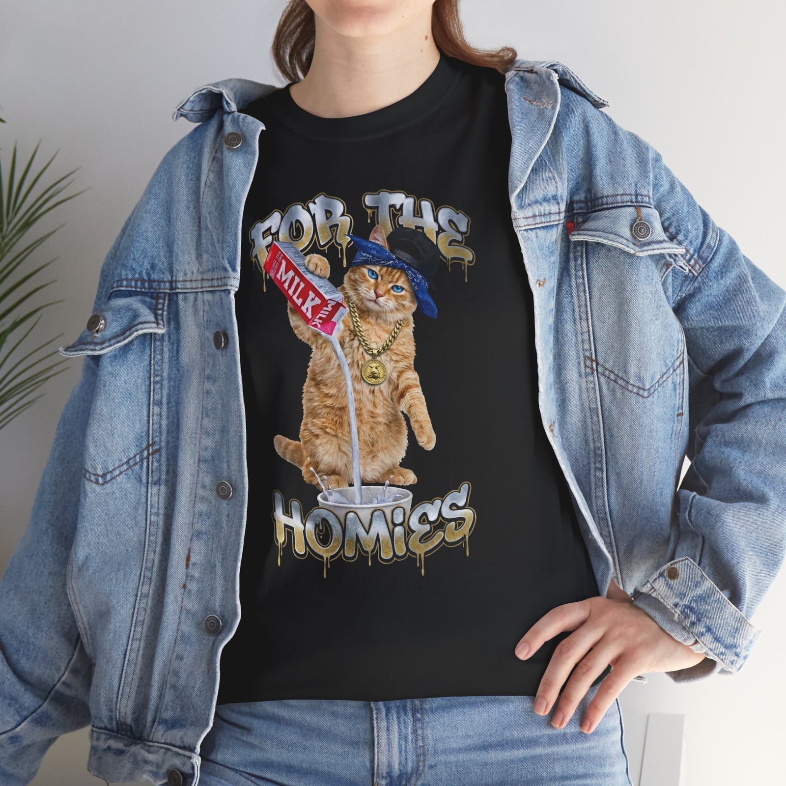 For The Homies Cat T-Shirt Funny Gangster Cat Graphic Tee, Milk Pouring Cat Shirt, Street Style Cat Lover Gift, Unisex Cotton T-Shirt