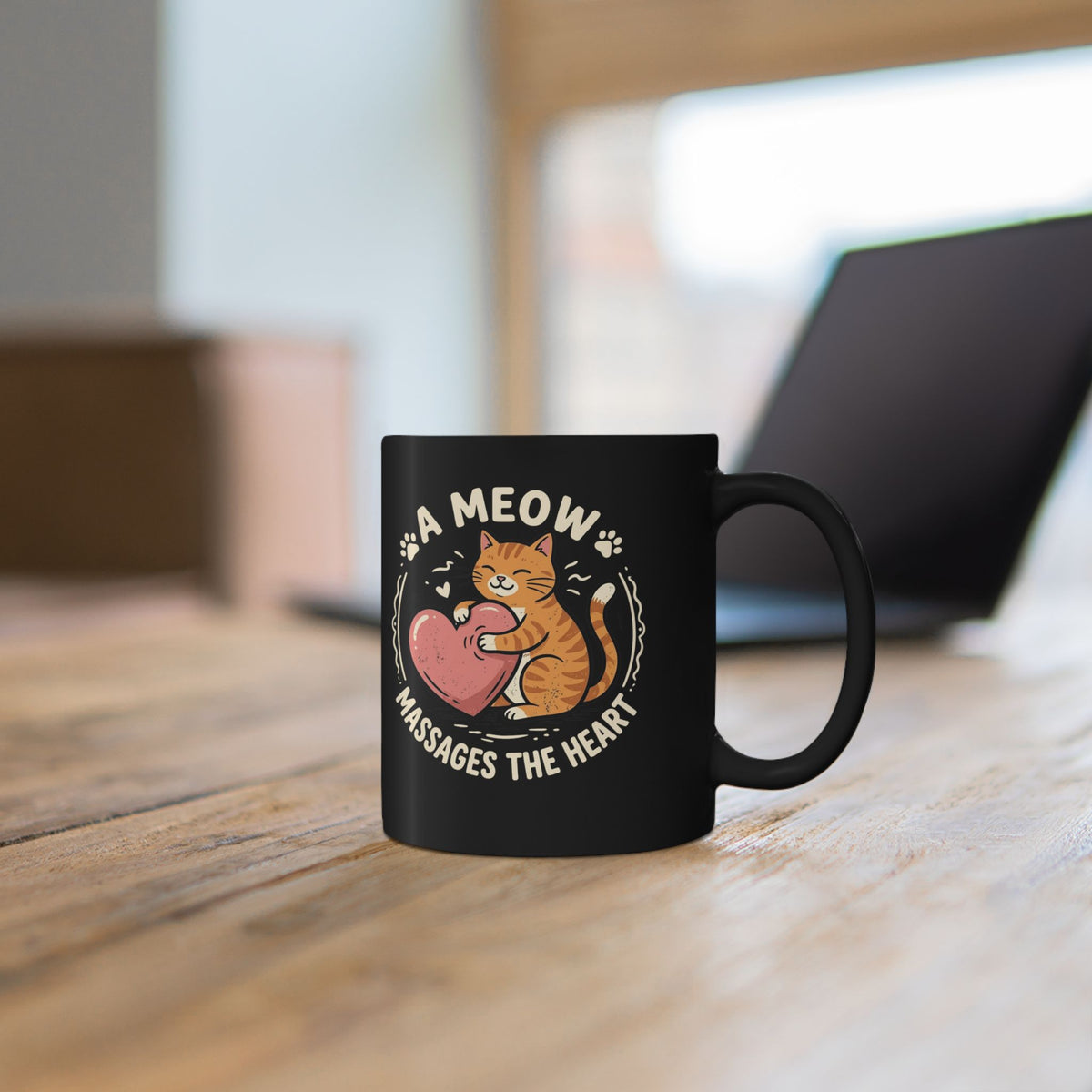 'A Meow Massages The Heart' Cat Black Mug