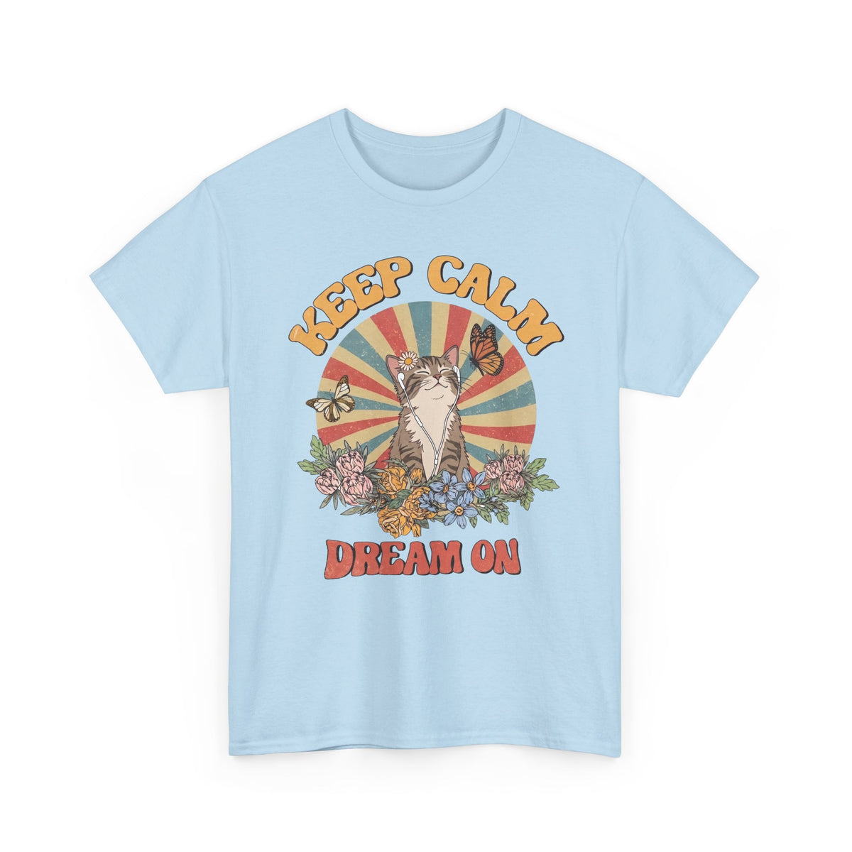 Keep Calm Dream On Cat T-Shirt — Retro 70s Hippie Feline Graphic