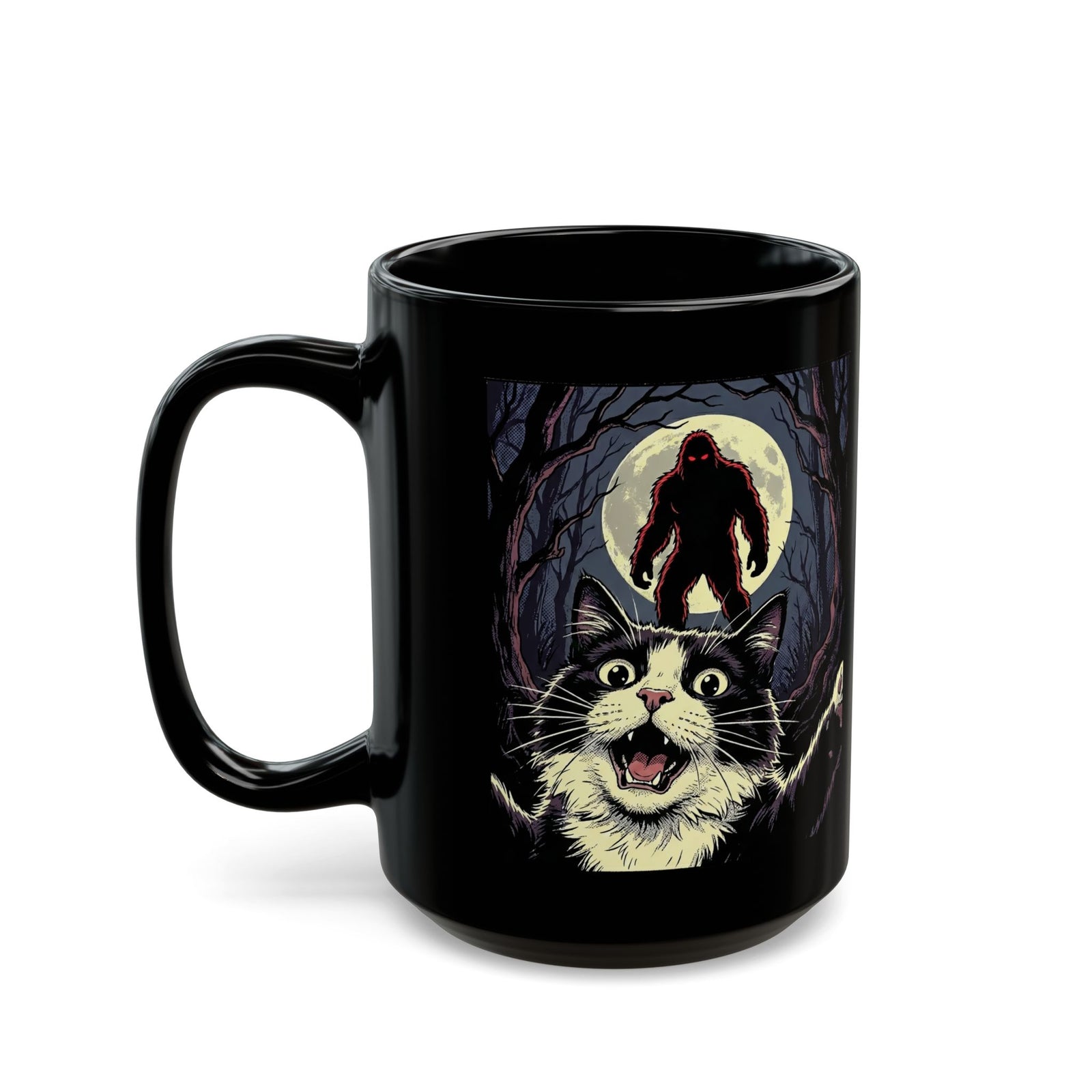 Cat Selfie with Bigfoot Black Mug