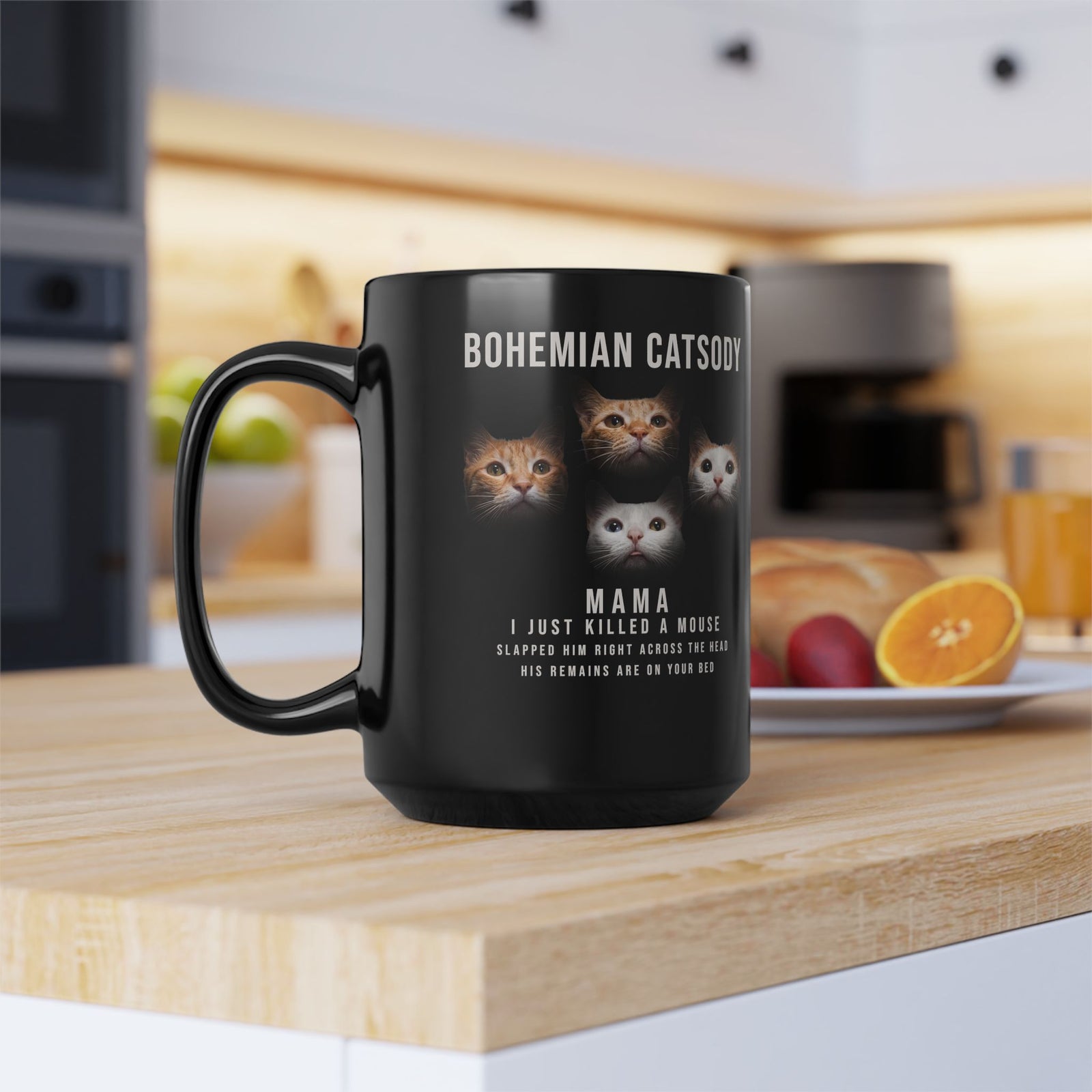 Bohemian Catsody Black Mug — Boho Cat Graphic Mug