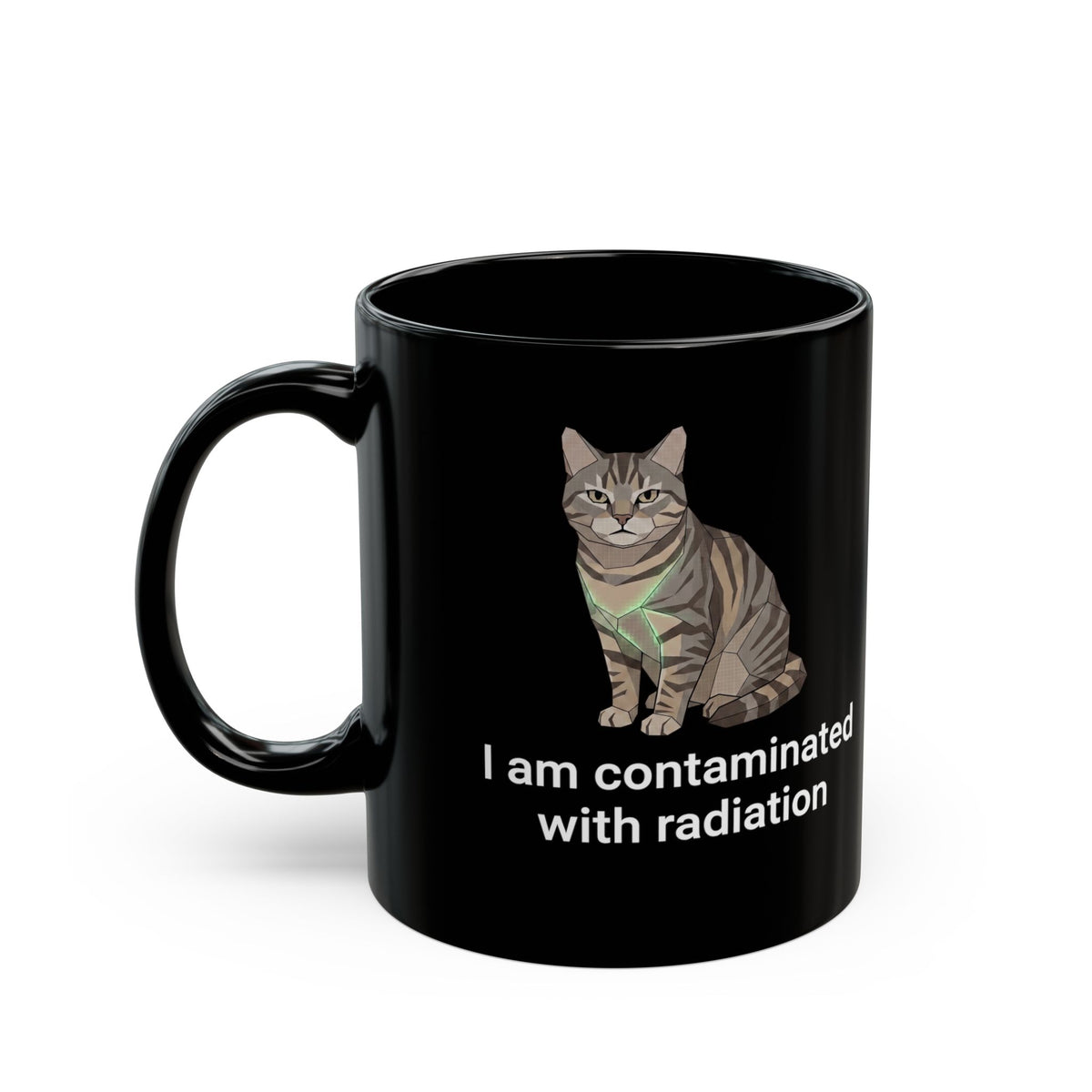 Funny Cat Black Mug "I Am Contaminated with Radiation" Humorous Retro Radioactive Mug