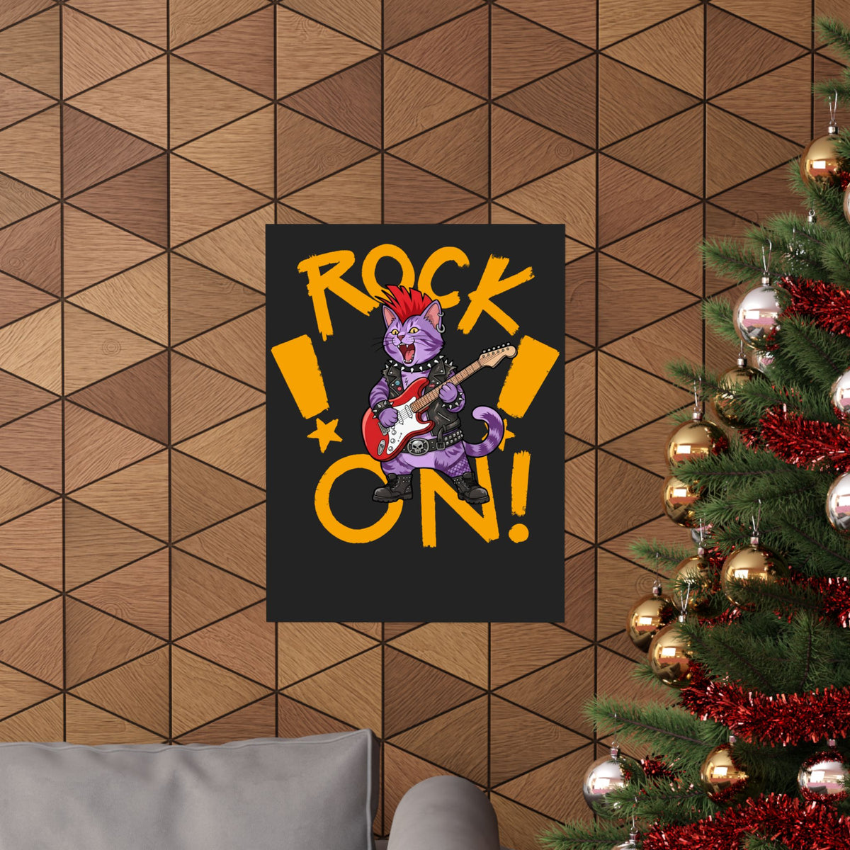 Rock On Punk Rock Cat Poster — Purple Feline Mohawk Electric Guitar Poster