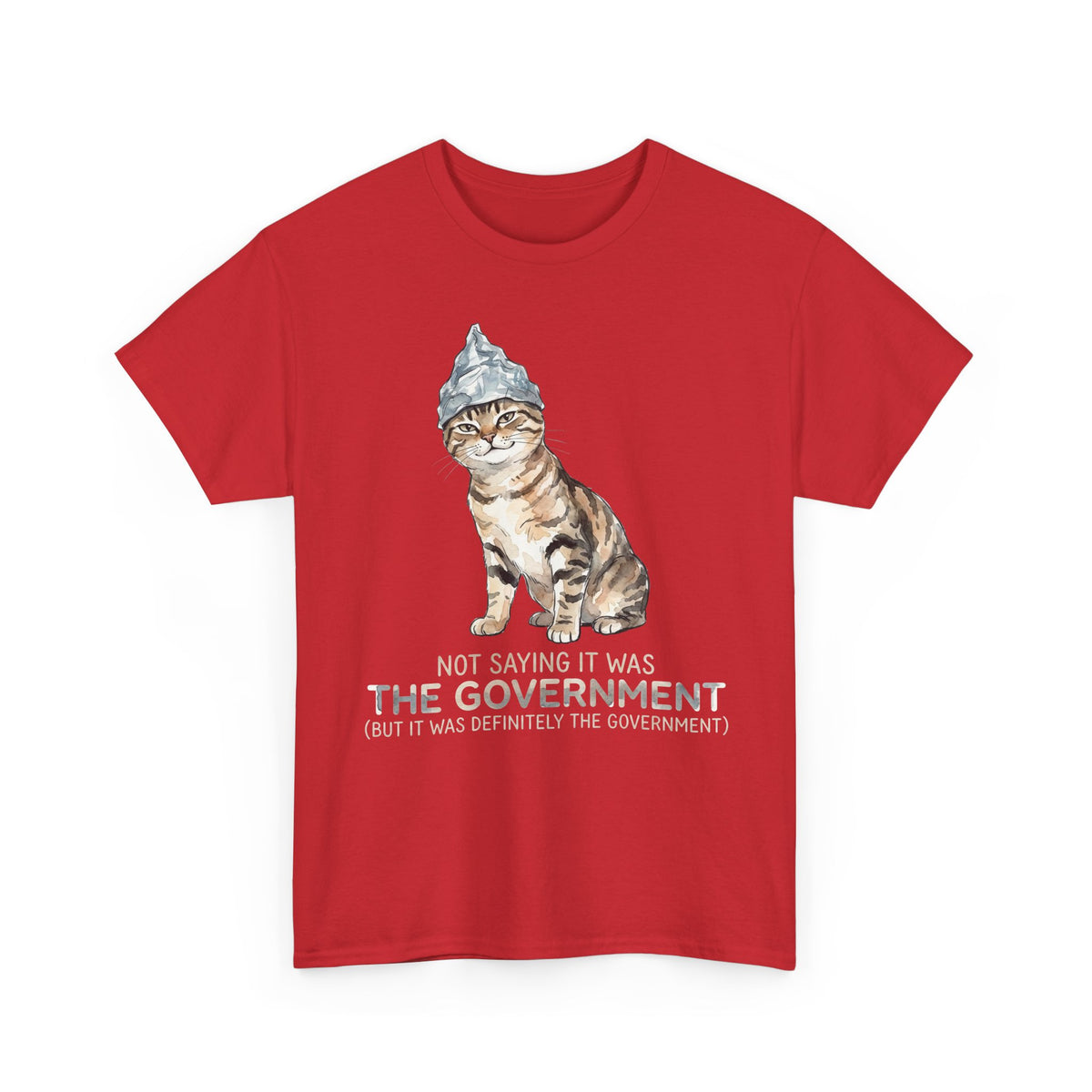 Conspiracy Cat T-Shirt — Funny Tin Foil Hat Cat Tee (“Not Saying It Was The Government”)