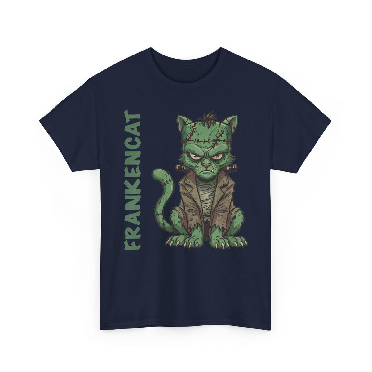 Funny Frankencat Halloween T-Shirt — Green Monster Cat Graphic Apparel