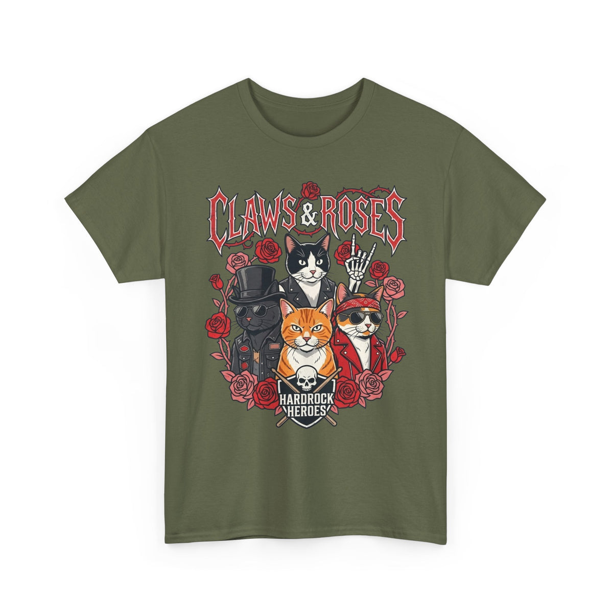 Claws & Roses Cat Band Tee - Rock 'N' Roll Feline Graphic T-Shirt