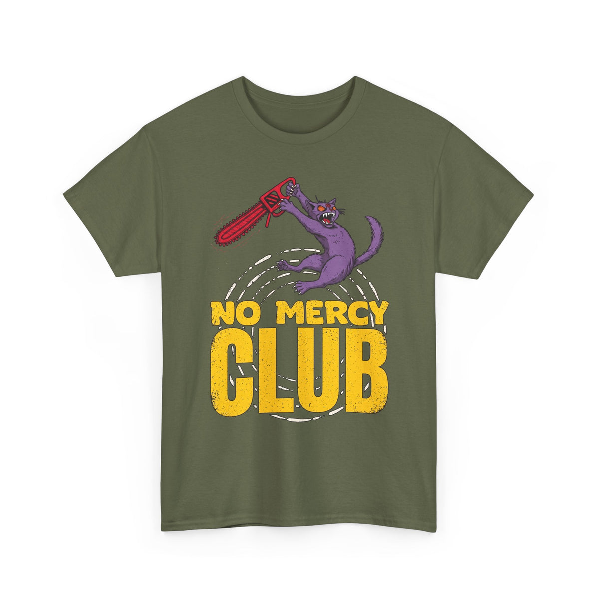 No Mercy Club Chainsaw Cat T-Shirt — Funny Unhinged Horror Cat Tee