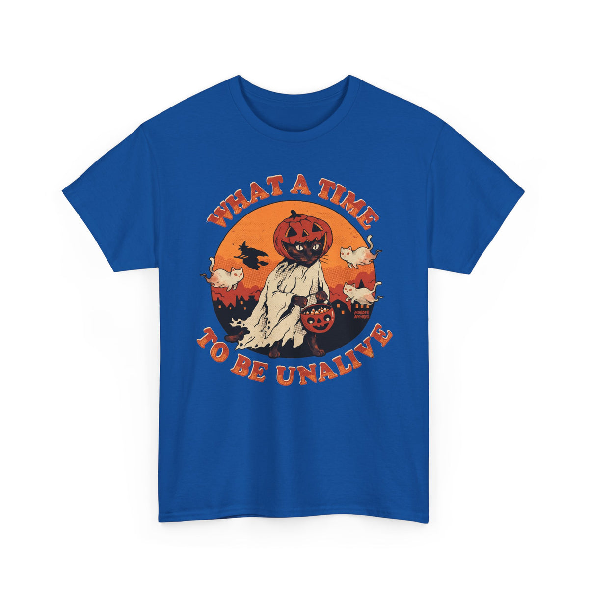 What A Time To Be Unalive Black Cat Ghost Sheet Shirt — Retro Halloween T-Shirt