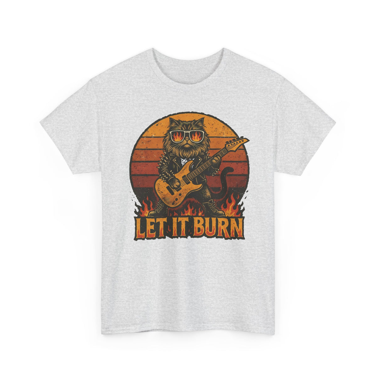 Let It Burn Rocker Cat T-Shirt — Heavy Metal Guitar Feline Graphic