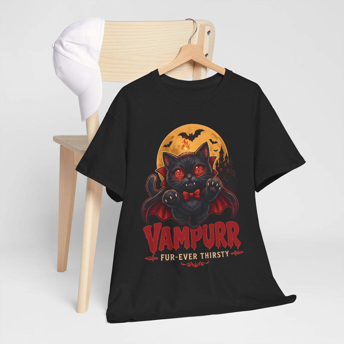 Vampurr Fur-Ever Thirsty Cat T-Shirt — Spooky Halloween Vampire Tee