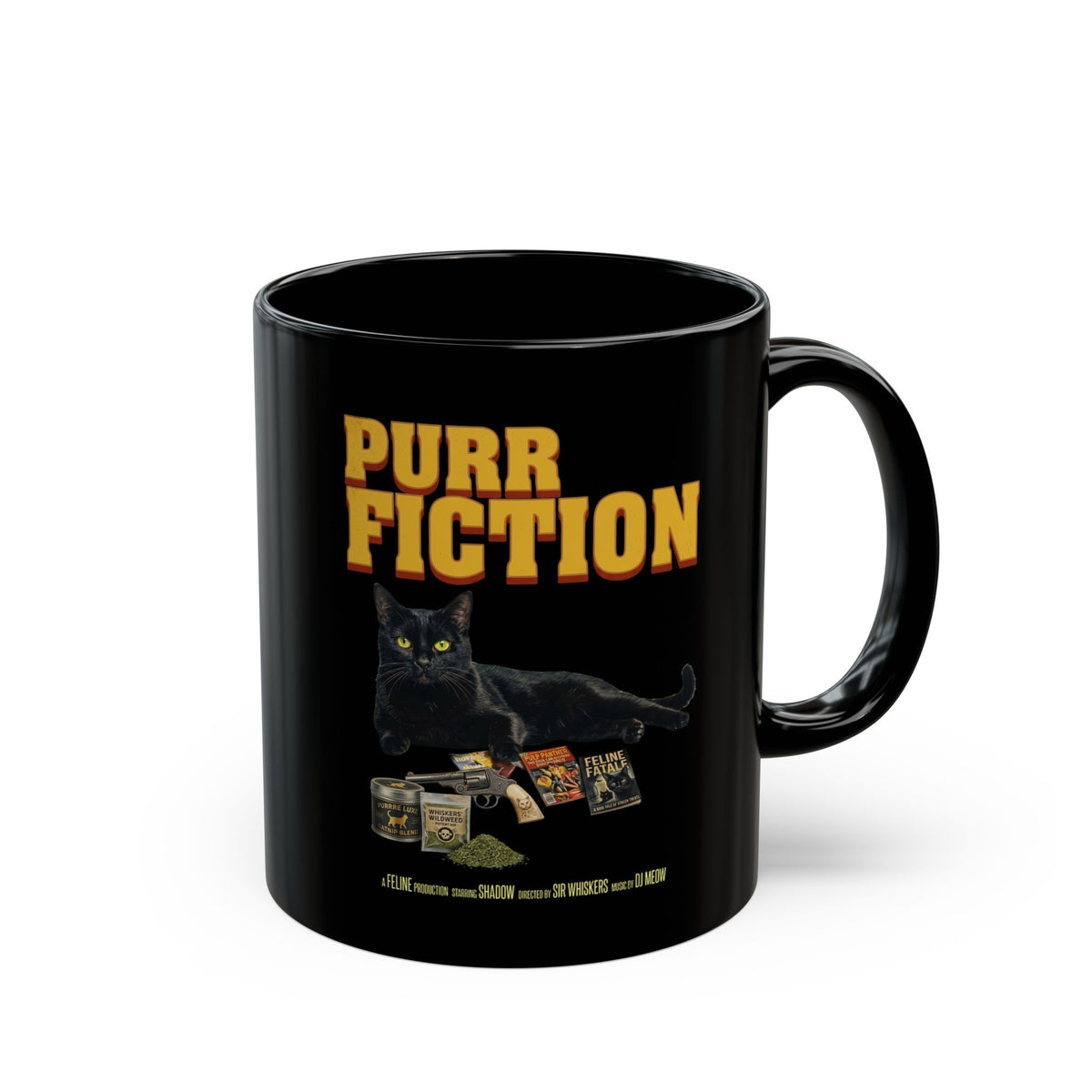 Purr Fiction Cat Parody Black Mug