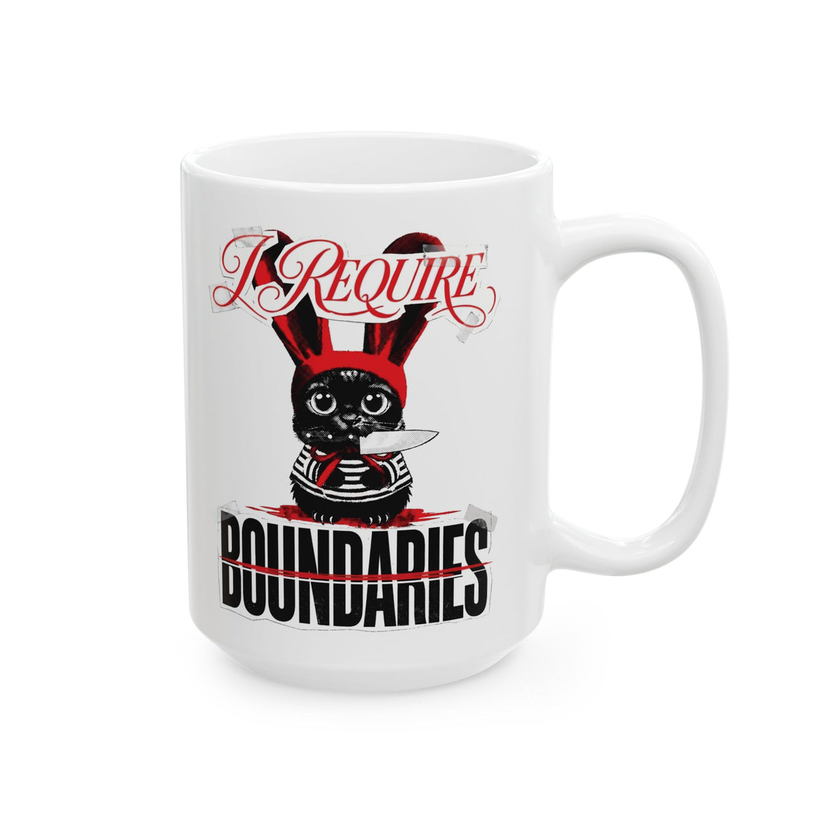 I Require Boundaries Ceramic Mug — Funny Creepy Cute Cat Knife Mug