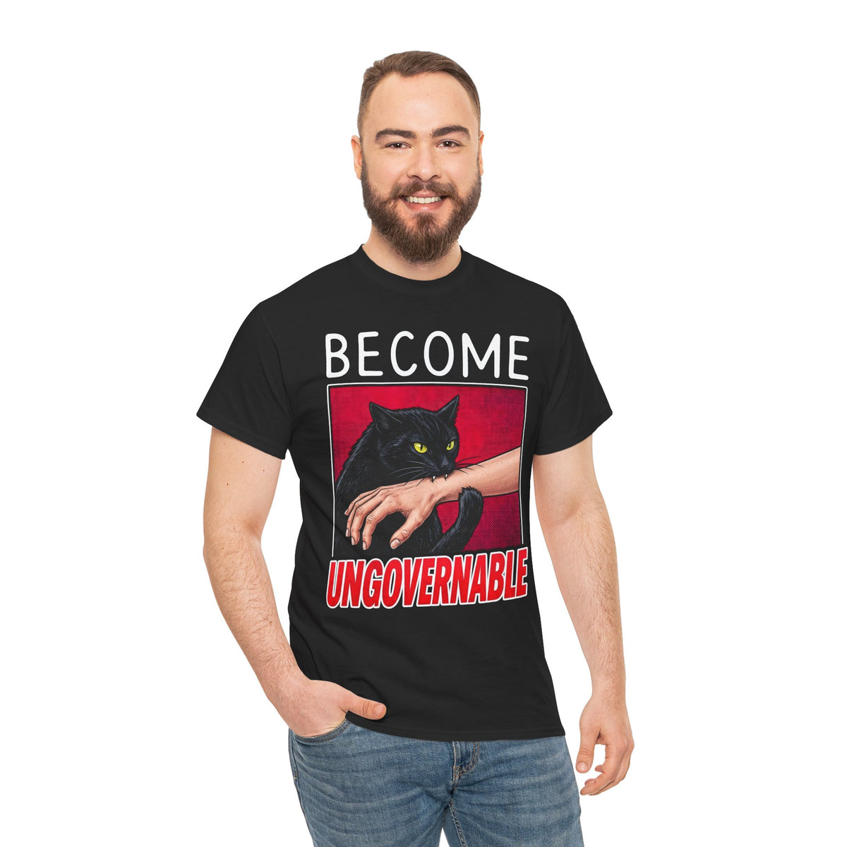 Become Ungovernable Black Cat T-Shirt — Funny Rebel Feline Biting Arm Tee