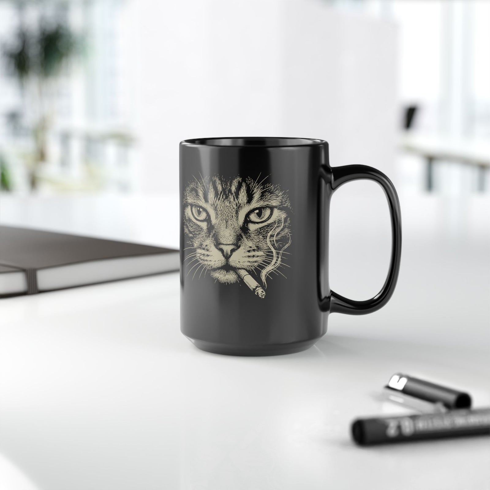 Smoking Cat Black Mug — Vintage Grunge Cat Graphic Mug
