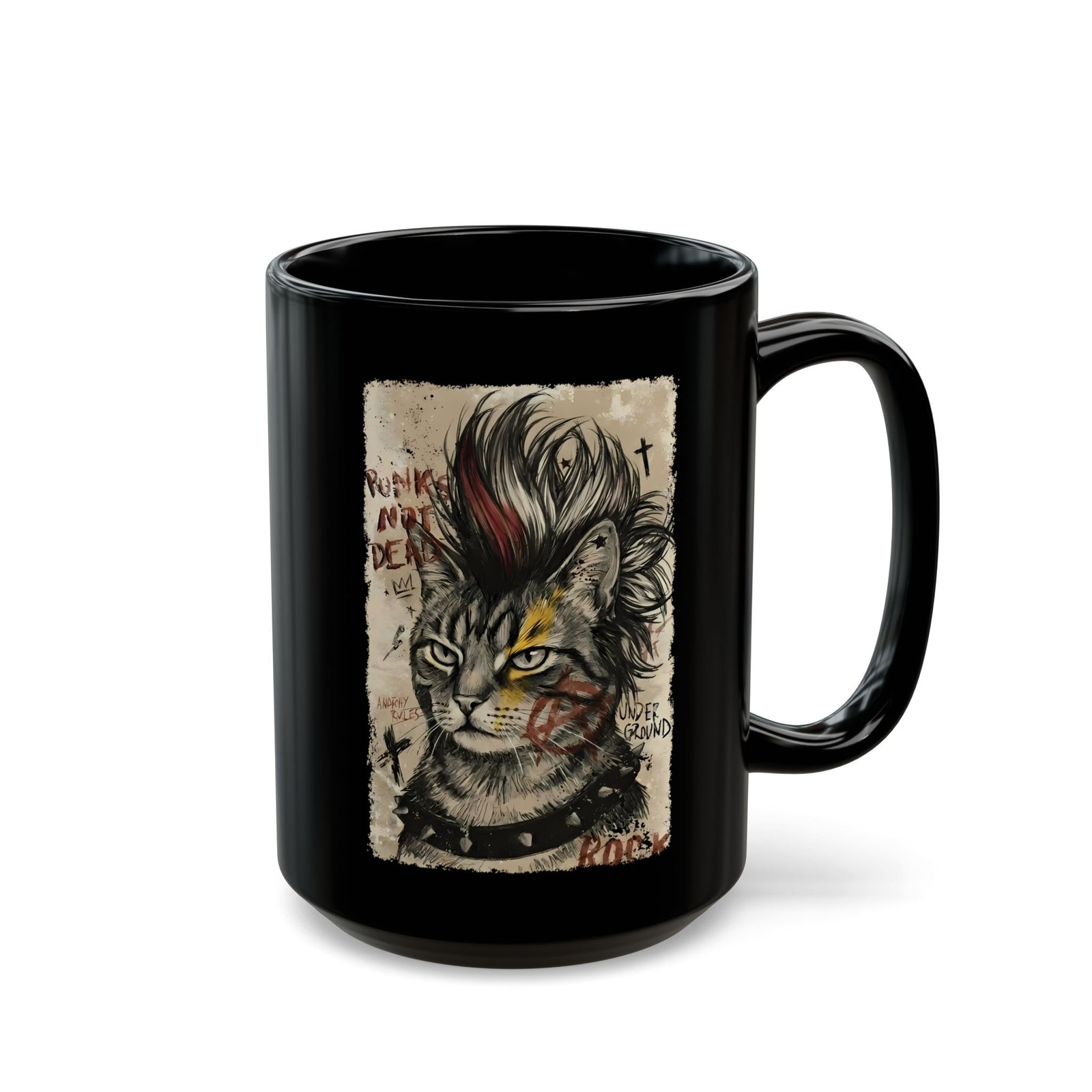 Punks Not Dead Cat Black Mug — Edgy Mohawk Anarchy Feline Graphic