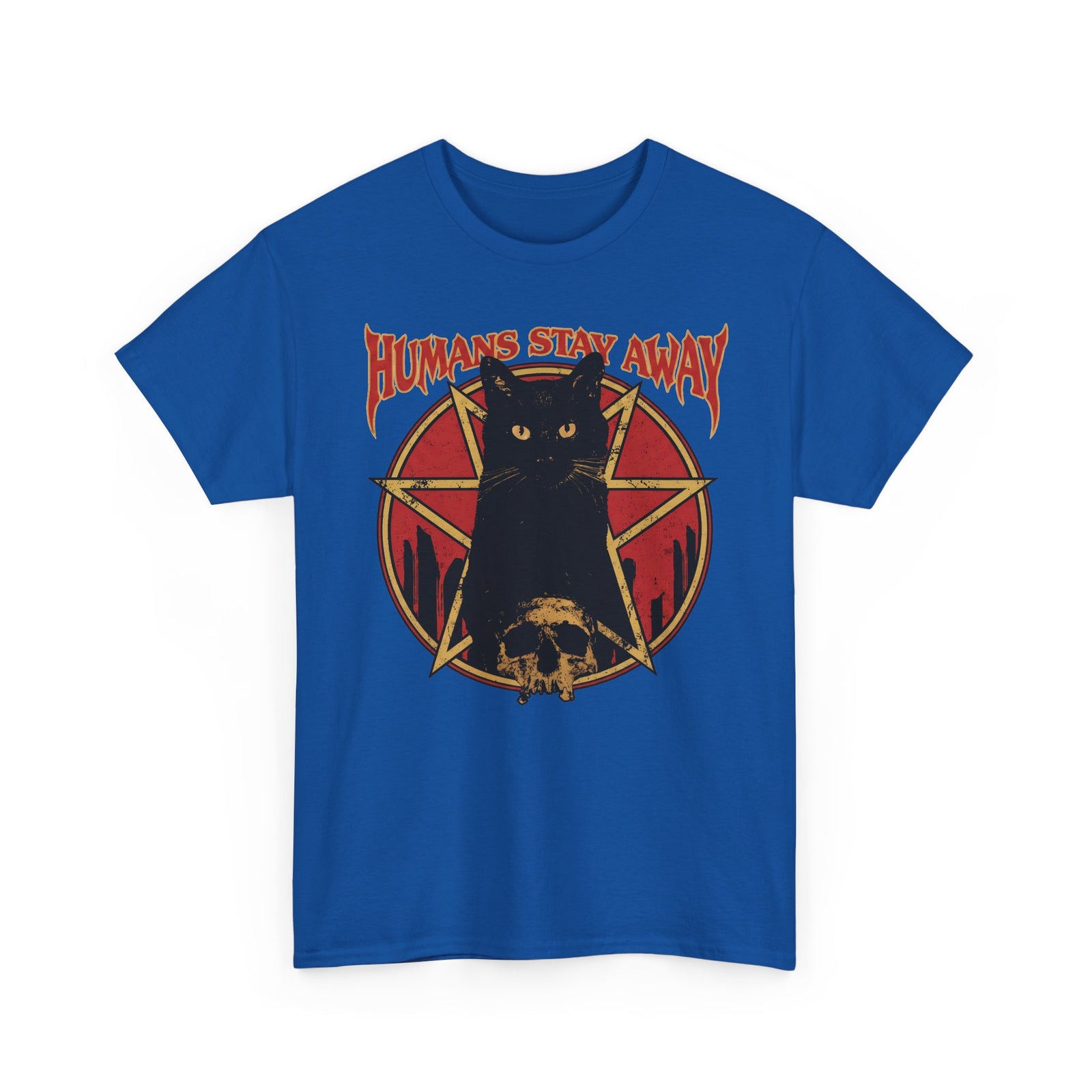 Humans Stay Away Black Cat T-Shirt — Heavy Metal Occult Pentagram Tee