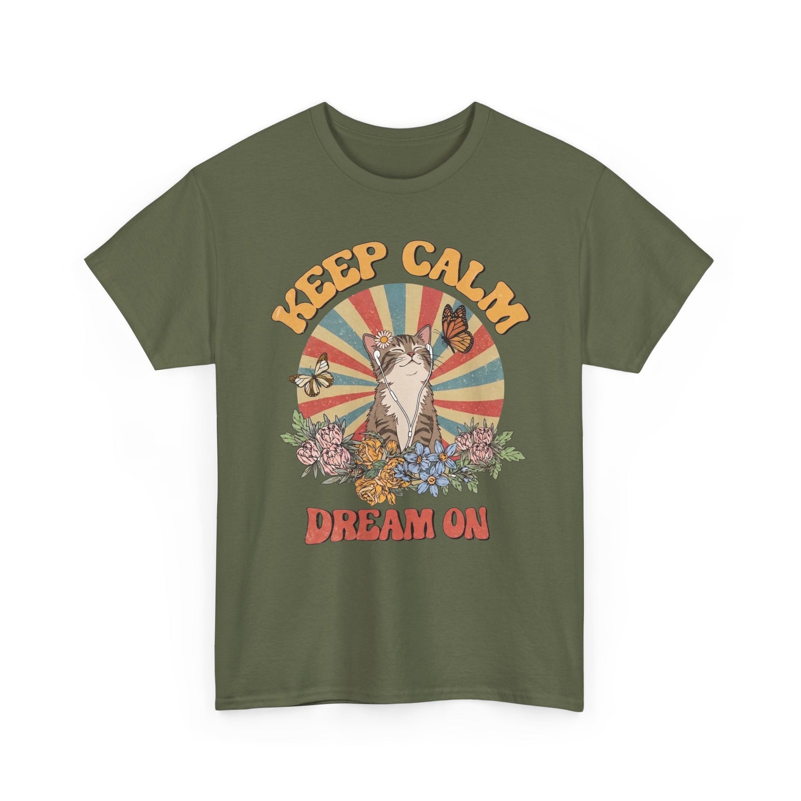 Keep Calm Dream On Cat T-Shirt — Retro 70s Hippie Feline Graphic