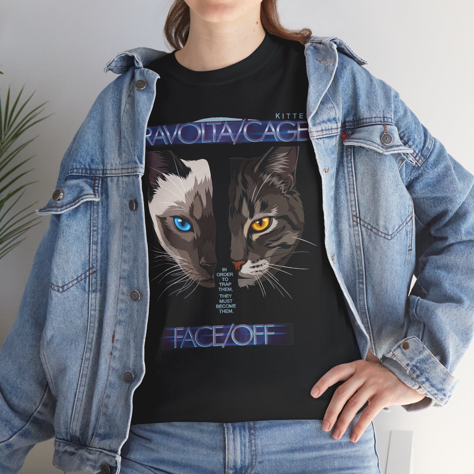 Face/Off Cat Tee — "Travolta/Cage" Split-Face Retro Movie Parody T-Shirt