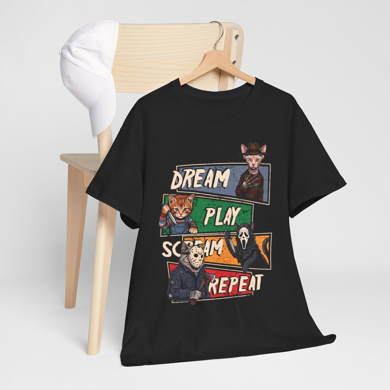Dream Play Scream Repeat Horror Cats T-Shirt — Slasher Movie Icons Tee