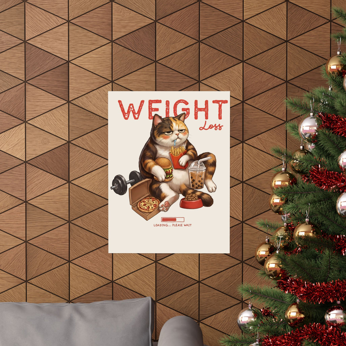 Weight Loss Loading Funny Cat Poster — Chubby Calico Junk Food Poster