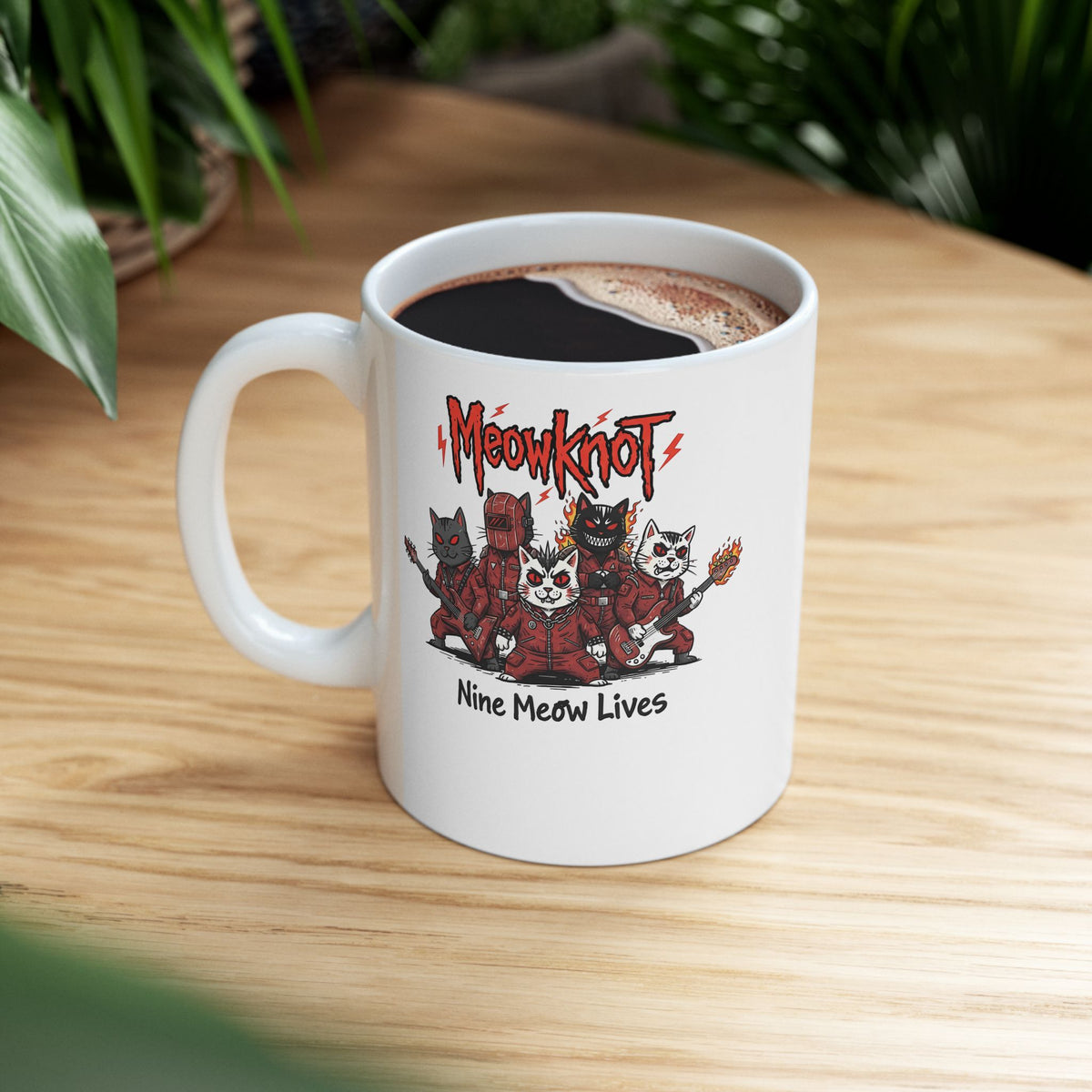 Meowknot Cat Band Ceramic Mug — Cute Musical Cat Graphic Mug