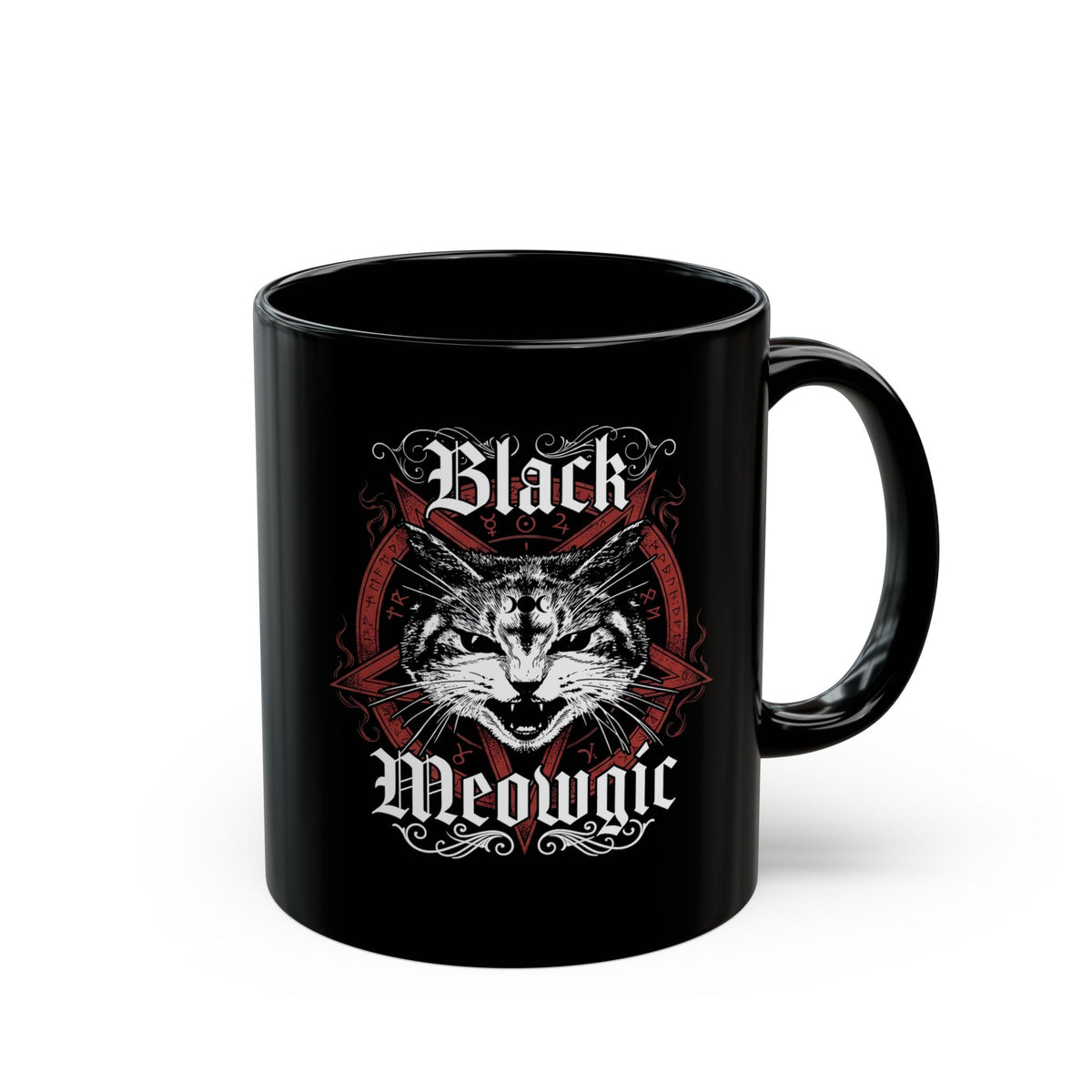 Black Meowgic Black Mug — Cute Cat Magic Graphic Mug