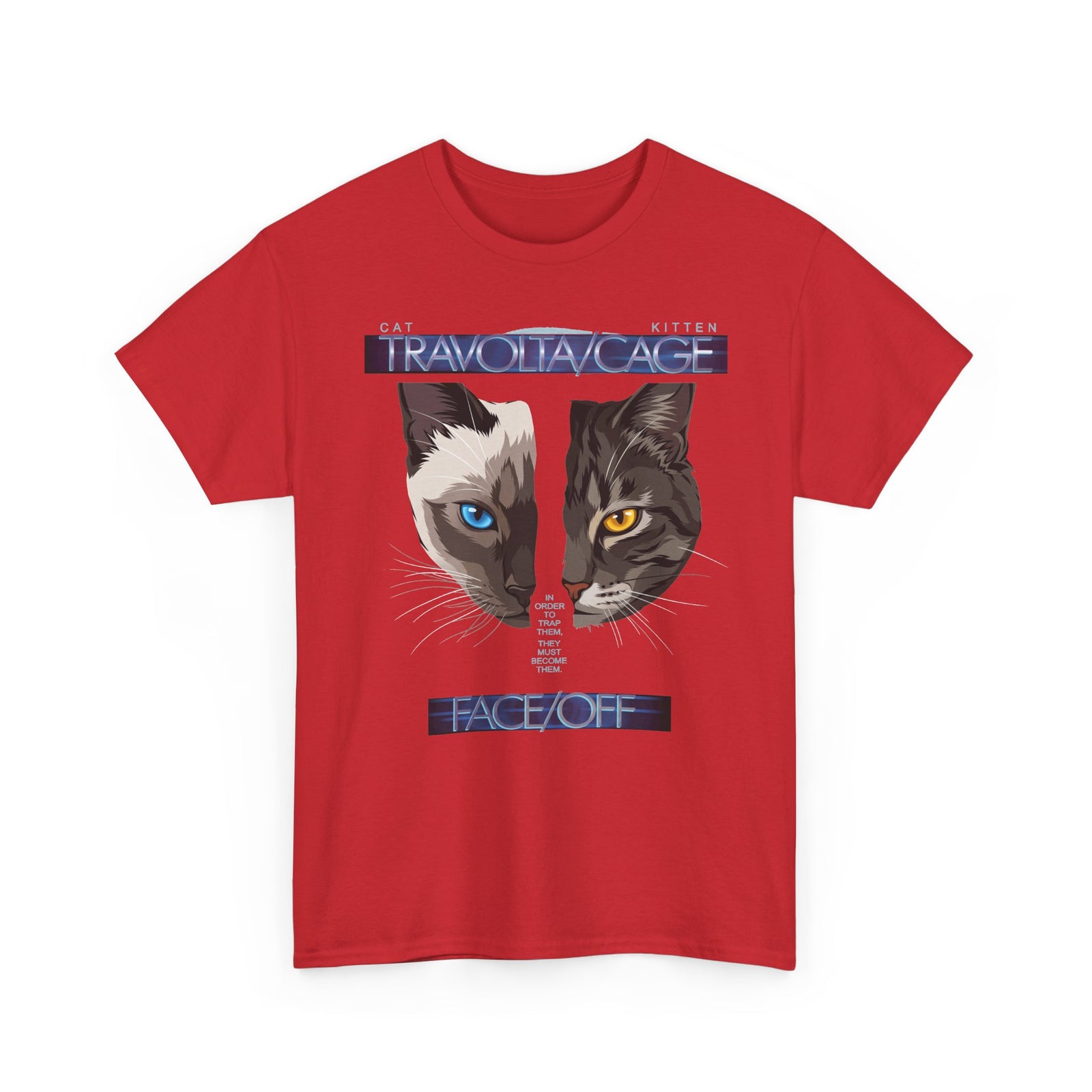 Face/Off Cat Tee — "Travolta/Cage" Split-Face Retro Movie Parody T-Shirt